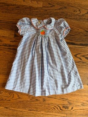 Southern Sunshine Kids Blue Gingham Smocked Pumpkin Dress, Size 4